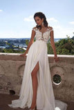 A-Line Top Lace Appliques Side Slit Chiffon Cap Sleeves Cheap Wedding Dress PM337