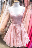 A Line Spaghetti Straps Pink Lace Appliques Jacquard V Neck Short Homecoming Dresses uk PH995