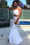 Sexy Two Piece Sweetheart Strapless Long White Satin Slit Mermaid Prom Dresses uk PW33