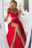 Sexy A Line Off the Shoulder Red Two Pieces V Neck Split Front Chiffon Prom Dresses uk PH741
