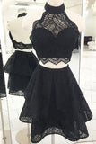 Fashion A Line Two Pieces Halter Backless Black Lace Short Homecoming Dresses uk PH983